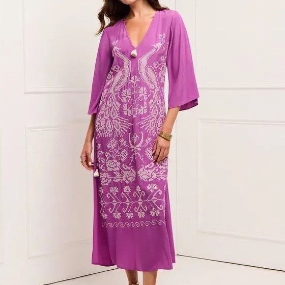 New Figue Dress Kaftan Xs Purple Peacock Embroidered Maxi Spring Wedding Guest